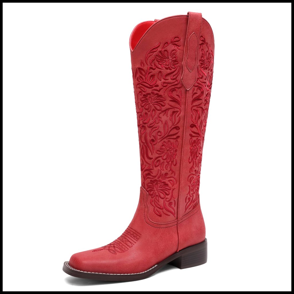 Women's Embroidered Knee High Cowboy Boots Low Heel Square Toe Pull On